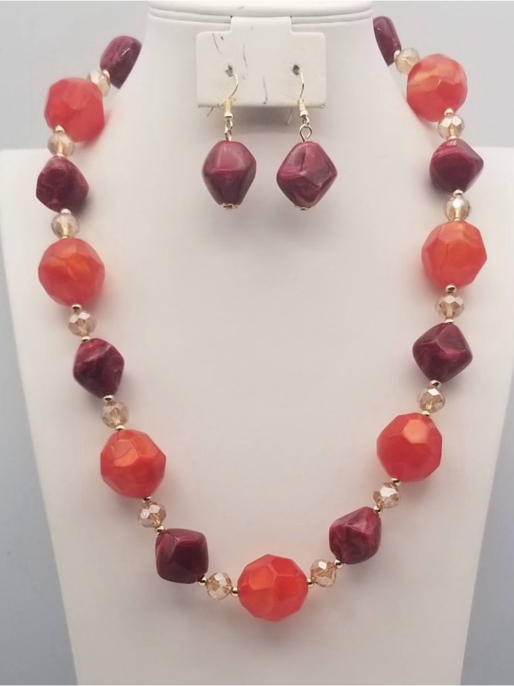 Women’s Orange & Burgundy Beaded Necklace with Earrings